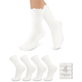 ZANZER Pilates Women's Yoga Socks with Non-slip Grip, Ruffle Swivel Cuff & Crew Design - Anti-skid Workout Socks (White*4)