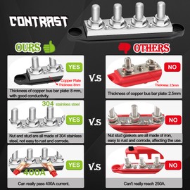 maierke 400A Bus Bar 12V Marine 3/8" Power Distribution Block Automotive Busbar Terminal Block,Battery Buss Bar (Pair, Red & Black) 4 x 3/8" Post 3 x #8 Screws Terminals