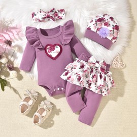 fioukiay Newborn Baby Girl Clothes Infant Girls Floral Love Printed Romper and Ruffle Pants Sets 4pcs Winter Fall Outfits(White, Preemie)