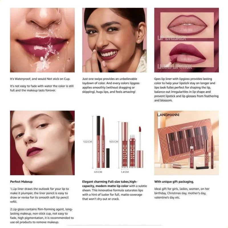 Kit Labial Mate Con Delineador Resistente Al Agua M537-18635-12pcs