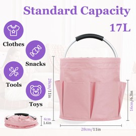 IHOMAGIC 17L Portable Shower Caddy with 6 Side Pockets, Foldable Cleaning Supply Caddy with Handle, Garden Tool Bag in 600D Oxford Fabric, Multifunctional Storage Basket for Showers, Picnics, Pink