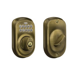 Schlage BE365 V PLY 609 Plymouth Keypad Deadbolt, Electronic Keyless Entry Lock, Antique Brass