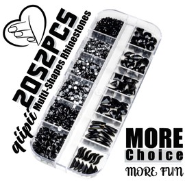 qiipii 2052Pcs Black Nail Rhinestones Multi Shapes Jet Black Rhinestones for Nails Flatback Nail Gems K9 Glass Dark Black Round Beads Stones Diamonds Nail Charms Art for Nails Face Eyes Makeup Crafts