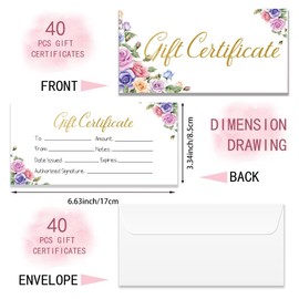 Doodlream 40 Sets Gift Certificate for Business, Blank Gift Cards Certificates with Envelopes, 17 x 8.5 cm Minimalist Flowers Cards Vouchers for Holiday, Birthday, Restaurant, Spa Makeup Salon