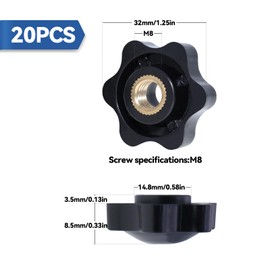 AIMEKE Pack of 20 Star Grip Nuts M8 × 32 mm Knurled Nut, Plastic Nut Brass Internal Thread Star Screw, Screw Knob Black Clamping Knob for Machine Tools Mechanical Devices