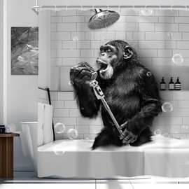 Newsely Funny Monkey Shower Curtain, 72"W x 72"H, Black and White Animal Chimpanzee Singing in the Bathtub for Men Kids Boys Shower Curtain Bathroom Set Modern Cool Waterproof