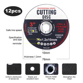 Pack of 12 Cutting Discs 76 mm, Cutting Discs, Grinding Discs, Angle Grinder Discs for Metal, Cutting Disc for Separating Metal and Wood