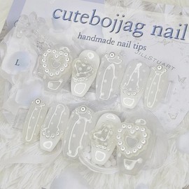 White dot handmade nail tips - Square S / 화이트 도트 수제네일팁 - 스퀘어S