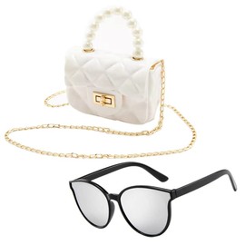 Deerhobbes Design your own Fashion Candy Color Children Kids Handbags - Princess Purse for Little Girls with Accessories Cute Flap Handbag with Peal Handle Sunglass for Girls (White)