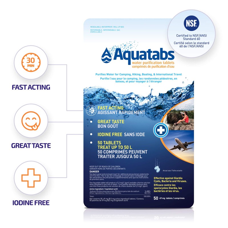 Aquatabs 49mg Water Purification Tablets, (50 Pack Canadian Retail Pouch),