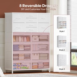 HAUOMS 16 Drawer Dresser, 8 Clear & PU Reversible Drawers, Tall Dresser for Bedroom, Fabric Storage Cabinet, Metal Frame, Organizer Cabinet, Unit for Closet, Entryway, Hallway, Wood Top, White