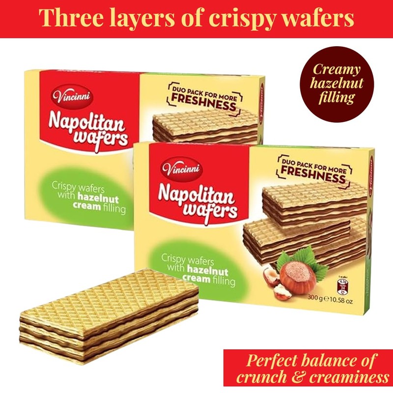 Vincinni Napolitan Hazelnut Wafers Healthy Snacks - Crispy Layers Filled