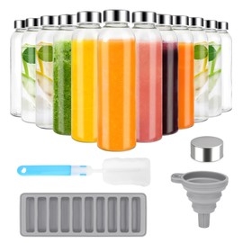 Zukro Glass Juice Bottles with Lids for Juicing 18 oz, Reusable Clear Glass Water Bottles with Stainless Steel Airtight Cap for Refrigerator, 100% Leak Proof, BPA Free, Set of 12