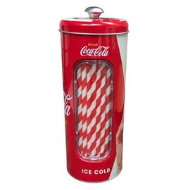 The Tin Box Company Coke Straw Holder Tin with 20 Paper Straws Inside, 3-3/8 x 8-1/4"H, Red and White (771527-12) - Good for 8" Straws or less