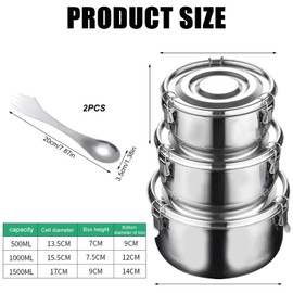Stainless Steel Lunch Box, Pack of 3 Stainless Steel Containers with Lid, Leak-Proof, Round Metal Lunch Box with Spork, Perfect for Fridge, Camping Trips, Salads (500 ml/1000 ml/1500 ml)