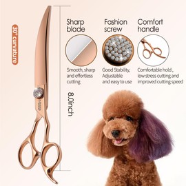 FOGOSP Rose Gold Titanium Curved Dog Grooming Scissors 8'' Downward 30° with Jewelled Screw Japan 440C Professional Pet Grooming Trimming Shears for Large Dogs Poodle(8,Curved)