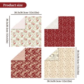 Vintage Red Scrapbook Paper, 12x12 Paper Pad, 24 Sheets/ 12 Designs Flower Garden Pattern Paper Vintage Rose Scrapbook Specialty Paper Double Sided Floral Decorative Craft Paper
