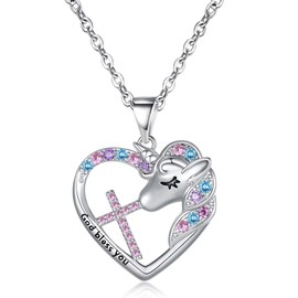 BAOWING Cross Necklace for Kids Girls Cross Birthstone Heart Unicorn Pendant Jewelry Easter Gifts First Communion Baptism Gifts for Godchild Teens Little Girls Daughtet Granddaughter October