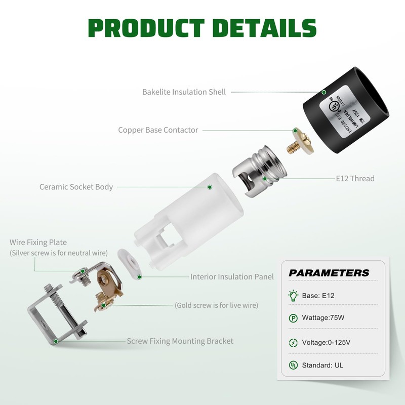 E12 Socket,Ceramic Candelabra Socket E12 Bulb Lamp Holder, Screw Fixing