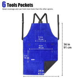 QeeLink Leather Work Shop Apron with 6 Tool Pockets Heat & Flame Resistant Welding Apron, 24" x 36", Adjustable M to XXL (Blue)
