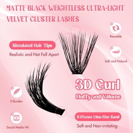 Eyelash Extension Kit Wispy Lash Clusters 3D Curl Soft and Comfortable Eyelashes Clusters Lash Bond and Seal Waterproof Tweezers for DIY Lash Extension Kit(50D-0.07-8-16Mix)