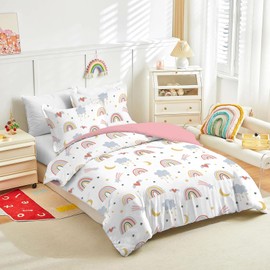 Yasida Rainbow Bedding Kids Double Duvet Set Pink Double Bedding Heart Bedding With Rainbows/Clouds/Moons/Stars/Hearts For Kids Girls Double Duvet Cover 200x200cm And 2pcs Pillowcase 50x75cm