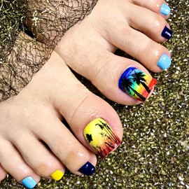 24Pcs Summer Press on Toenails Colorful Fake Toe Nails with Beach Coconut Tree Pattern Design Full Cover Glossy Acrylic Toenails Stick on Toe Nail for Women Girls Summer Manicure Supplies