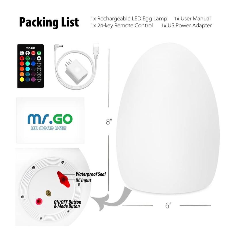 Mr.Go 8-Inch Rechargeable LED Egg Light - Dimmable Baby Night
