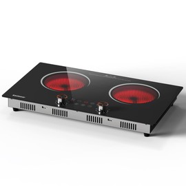 Karinear Electric Cooktop 2 Burner, 110V Electric Stove Top, 2000W Knob Control & Sensor Touch Electric Hot Plate for Countertop or Built-in Install, Timer, Safety Lock, 9 Power Level, 24 Inch