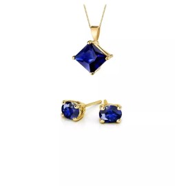 Paris Jewelry 18K Yellow Gold 3ct Blue Princess Cut 18 Inch Necklace & Round Earrings Plated