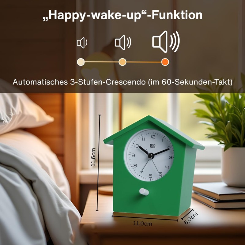 KOOKOO EarlyBird Green Alarm Clock with Bird Melody (Original Recording)