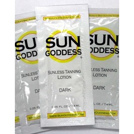 Sun Goddess - Sunless Self Tanning Lotion - DARK - Includes (3) .25 oz. Sunless Self Tanning Lotion Samples + 1 Sunless Self Tanning Mitt/Glove + 1 Pair Sunless Self Tanner Application Gloves
