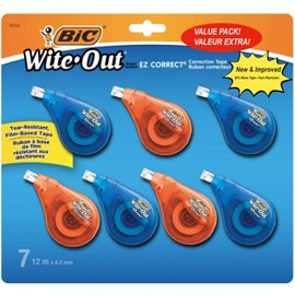 BIC White Out Tape- Tear Resistant, Clear Dispenser EZ Correct Correction Tape - 39.3 Feet Each - Pack of 7