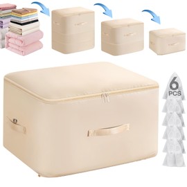 Ultra Space Saving Self Compression Organizer, 3-Layer Foldable Blanket Storage Bag with 6 Shoe Covers for Quilt, Clothes, Blankets, Dormitory Organizing Moving Bags (Beige, XL)