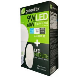 Greenlite 4x9W LED Light Bulb + LED NITELITE GREENLITE  A19 60W Equivalent 3000K 800Lumen