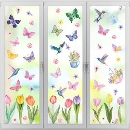 8 Flower Window Stickers, Window Decals, Spring Window Stickers, Nursery Window Stickers, Tulip Butterfly Window Stickers, Window Film Glass Decorative Stickers