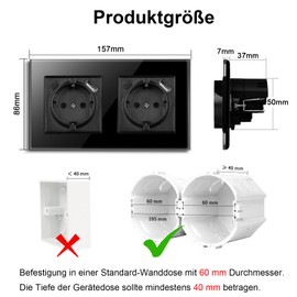 CNBINGO Double Socket with USB Connection, 2 x (USB-A and Type-C Port Max. 2.1 Amp Total), Flush-Mounted Socket with Claws, Schuko Socket with Glass Frame in Black, 2-Way