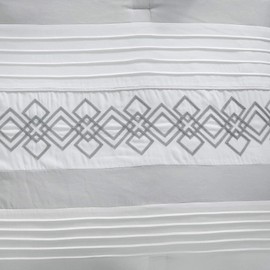 Chezmoi Collection Ariel 7-Piece Gray Geometric Chenille Embroidery Pleated Striped Comforter Bedding Set, Queen Size