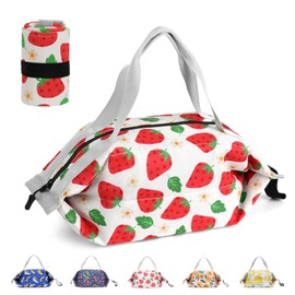 BBCREAT Cute Insulated Lunch Bag for Women Girls, Fruit Print Foldable Lunch Tote Reusable Leakproof Cooler Bag Large Capacity Waterproof Lunch Box for Work, Picnic or Travel, Strawberry