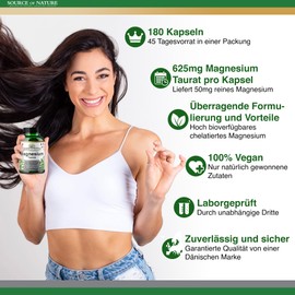 Source of Nature® Magnesium Taurate 625 mg 180 Capsules 45 Day Supply 50 mg Elementary High Bioavailability Stomach-friendly Laboratory Tested
