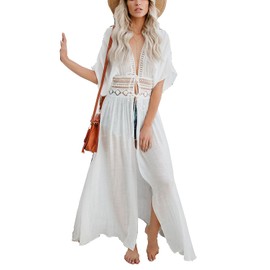 YouKD Women's Lace Floral Dress Loose Kaftan Boho Spacious Kimono Beach Bikini Cover Up Dresses, White