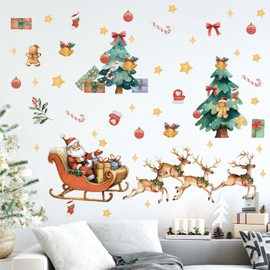 LHIUEM Santa Claus Reindeer Wall Stickers Set of 2 Sheets 80pcs Merry Christmas Wall Decals Xmas Window Clings Bulk Christmas Ornaments Stickers Santa Reindeer Vinyl Decals for Living Room Classroom