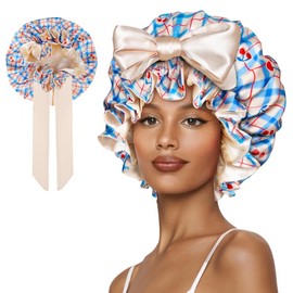 SeSe Code Double Layer Silk Bonnet for Haircare - Soft & Practical Sleeping cap with Elastic Tie Band for Curly & Natural Hair:_Pink Rose
