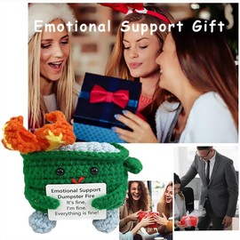 Emotional Support Crochet Dumpster Fire with Positive Card for Coworkers - It's Fine Everything is Fine Cute Room Decor Knitted Decor Coworker, Support Buddies Gifts for Friends