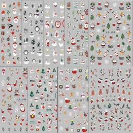 9Sheets Christmas Nail Art Stickers Xmas Nails Stickers 3D Self Adhesive Santa Claus Snowman Snowflakes Xmas Tree Elk Nail Decals Winter Manicure Nail Supplies for Women Girls Holiday DIY