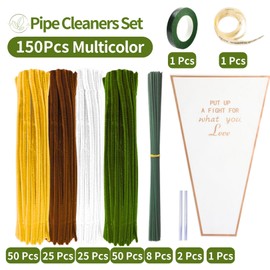 Sunflower Pipe Cleaner Kit with 150 Pcs Pipe Cleaners Colourful in 4 Colours(Brown,Dark Yellow,White,Green),8 Pcs Green Floral Wire,Floral Tape,Flower Wrapping Paper and Ribbon