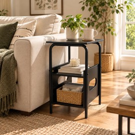 Small Side Table, Narrow End Table with 3-Tier Storage, Coffee Brown