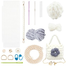 WADORN DIY Crochet Handbag Making Kit, Hand-Knit Woven Tote Bag Making Kit Mesh Plastic Canvas Sheets Needlepoint Kit Handmade Shoulder Bag Making All Tool Yarns Bag Crafting Material, White