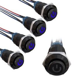 STARELO 5PCS 12mm Latching LED Push Button Switch Mini Round Black Shell with Pre-Wired, Power Mark Logo, IP65 Waterproof Push Button Switch, 1NO 1 Normally, Self Latching (Blue) with LED.