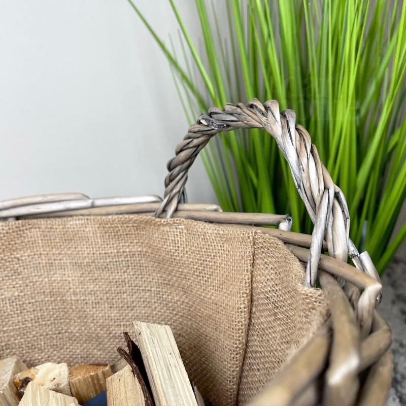 Wicker Lined Log Basket Classic Round Fireplace Storage Grey Woven
